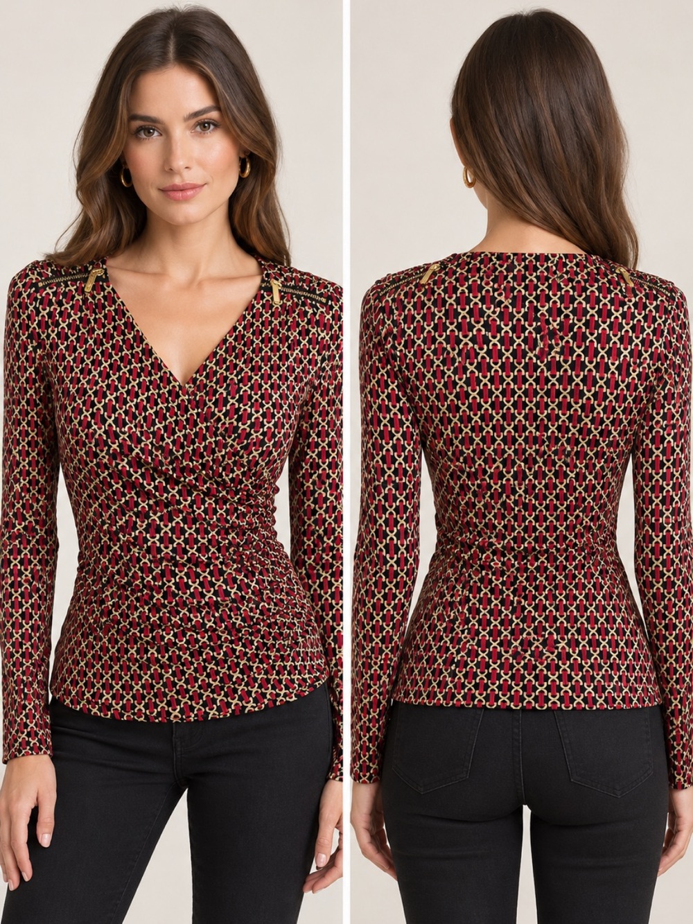 MICHAEL Michael Kors Burgundy and Gold Chain-Print Ruched V-Neck Long Sleeve Top